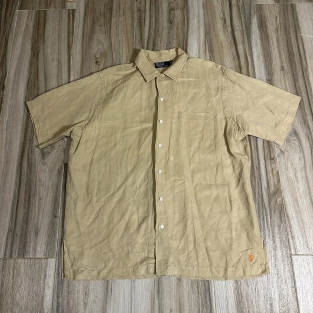 VTG Polo Ralph Lauren‎ Shirt Mens Large Silk Linen Caldwell Loop Camp Collar Tan